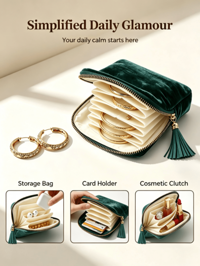 1pc Soft Jewelry Storage Bag, Travel Jewelry Bag, Velvet Fabric, With Tassel Portable Zipper Storage Pouch, Soft Anti-Scratch Anti-Dust, Store Rings Earrings Bracelets, Home Storage, Business Trip, Vacation, Portable Cosmetic Storage Multi-Purpose Bag