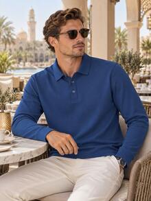Men's Golf Long Sleeve Polo Shirt, Navy Blue Button Placket Regular Fit Collared Top, Classic Outdoor Golf Course Casual, Party Date Running Sports - Navy Blue - View 4