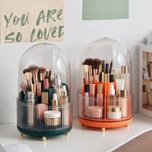 Organizer Makeup Warna Krem dengan Sisi Bergaris Transparan dan Banyak Kompartemen, Tempat Kuas Makeup dan Lipstik untuk Meja Rias - MultiWarna - View 3