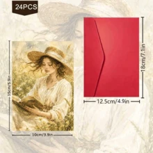 24pcs + 1 Red Envelope Elegant Pastoral Style Holiday Postcards, Woman Reading In Garden, Text "Reading Is A Journey", Suitable For Friends, Spring Festival, Vintage Oil Painting Style - Sets - View 3