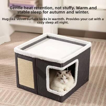 Luxury Multi-Layer Cat House - 2-Tier Bed, Toy Tunnel, Foldable Sofa, Climbing Rope And Soft Cushion - Indoor/Outdoor Cat Play Cube, Velvet Hanging Ball, Durable Nylon Frame And Canvas Material - Perfect Comfortable Home All Year Round