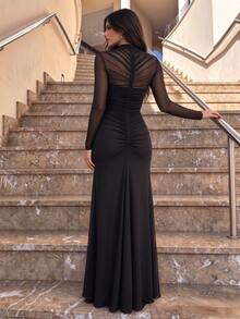 Elegant Sexy Women's Sleeveless Deep V-Neck Mesh Backless Knot Long Cocktail Dress - Black - View 6