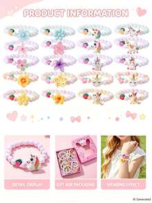24pcs Kids Polymer Clay Bracelet Gift Set, Fruit Flower Beads Unicorn Pendant, Girls Party Jewelry Birthday Gift - Multicolor - View 4