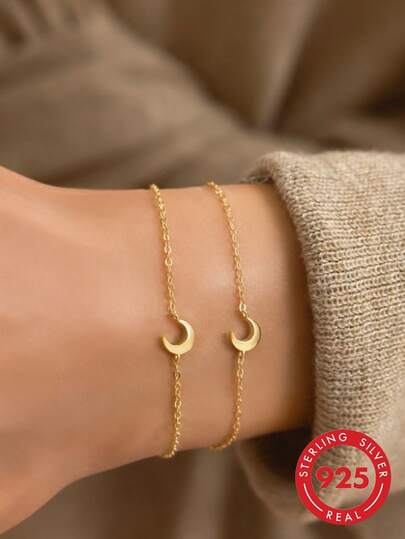 1 pieza Pulsera de plata de ley S925 con diseño minimalista de media luna para mujeres, estilo casual discreto artístico y fresco, joyería de mano con cadena fina versátil, delicado y suave colgante de luna pequeña y linda, regalo reflexivo para la mejor amiga