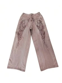 1pc American Street Style Women's Embroidered Loose Wide Leg Jeans Fashion All-Season Long Pants Casual Fall - Red - View 11