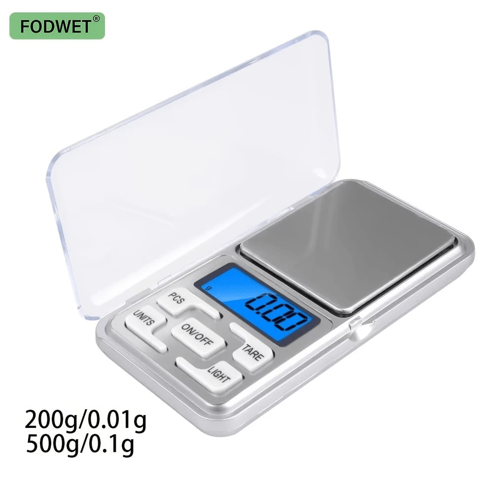 Báscula electrónica portátil mini de 4.7 pulgadas, precisión de 0.01g, Body de plástico ABS, base antideslizante, conversión de múltiples unidades, utiliza 2 baterías AAA (no incluidas), adecuada para oro, joyas, polvo de laboratorio, repostería, cocina, seguimiento de nutrición, hogar y viajes
