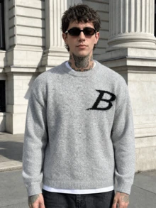 Oversized Casual Knit Sweater, Unisex High Street Design, Loose Fit, Warm For Autumn/Winter, Minimalist English Text Round Neck Pullover - Grey - View 1