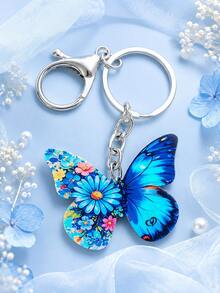 Blue Butterfly Floral Stainless Steel Keychain, Bag Charm Accessory Gift - Multicolor - View 4
