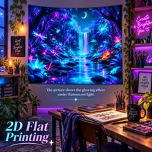 2D Flat Pattern, Single Piece, Forest Waterfall Tapestry, Dreamy Forest Waterfall, Dragonfly, Crescent Moon, Stream, Glowing Flower Pattern, Glows Under Fluorescent Light, Wall Decor, Hanging Fabric, Bedroom Backdrop, Party Decoration - Multicolor - View 8