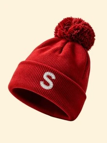 1pc Women's Red Folded Ribbed Knit Pom Pom Beanie, Pearl Rhinestone A-Z Letter Decor, Elastic Comfortable Warm, Autumn/Winter Campus Party Headwear - Red - View 27