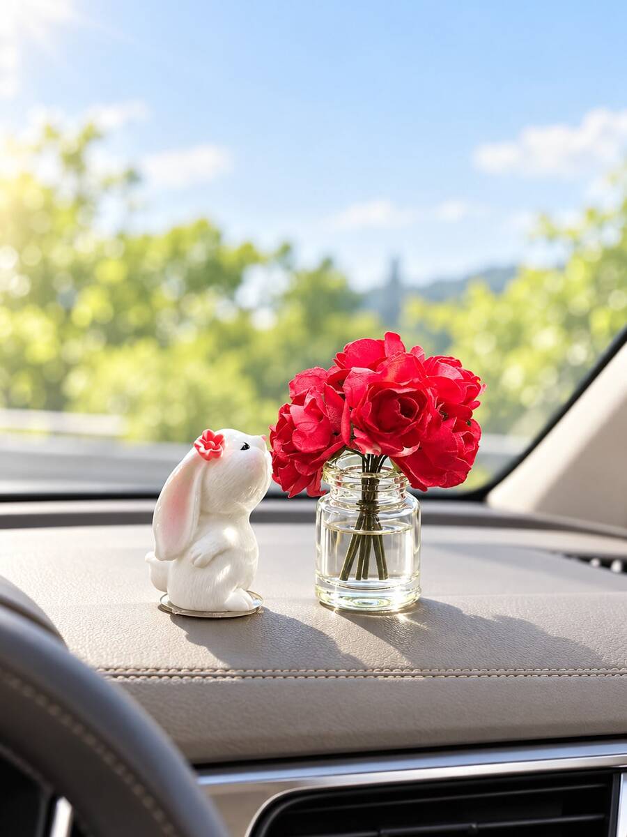 Mini Silk Flower Vase And Floral Bunny Car Decorations, Small Center Console And Dashboard Ornaments For Vehicle Interior Styling, Cute Decorative Accents For Cars And Desktop Displays - One Size - View 1