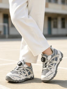Big Kids Unisex Grey & Blue Mesh Thick Sole Sports Shoes, Rotary Buckle Design, Breathable & Non-Slip, Suitable For School, Running, Outdoor & Daily Wear - Grey - View 4