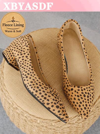 XBYASDF Zapatos de tacón bajo de 3 cm para mujer con estampado de leopardo marrón, punta fina y forro térmico, cómodos para ir al trabajo en otoño/invierno