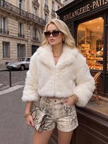 Women's Winter Casual Versatile White Faux Fur Coat, Loose Fit Slimming Thick Fleece Jacket, Short Faux Fur Coat, Christmas Outfit - White - View 4