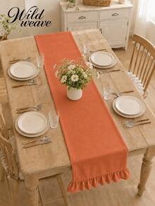 1pc Table Runner, Washed Wrinkled, Simple Pastoral Style. Polyester Material Rectangular Tablecloth With Scalloped Edge, Suitable For Dining Room, Public Holidays And Daily Decoration. - Coral Orange - View 6