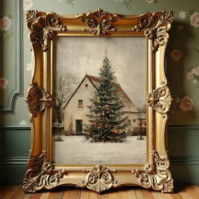 1pc Vintage Christmas Cottage Wall Art Decor, Rustic Winter Farmhouse Scene, Retro Christmas Tree Element, Home Decor, Indoor Decoration, Farm Decor, Pastoral Style, Bedroom Decor, Living Room Decor, Christmas Holiday Wall Decor, Holiday Theme, Christmas Hanging Painting, Winter Decor Hanging Painting, Framed Or Unframed