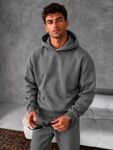 American Basic Men Hoodie And Straight Sweatpants 2 Pieces Outfit, Solid Loose Daily Casual Matching Set - Dark Grey - View 3
