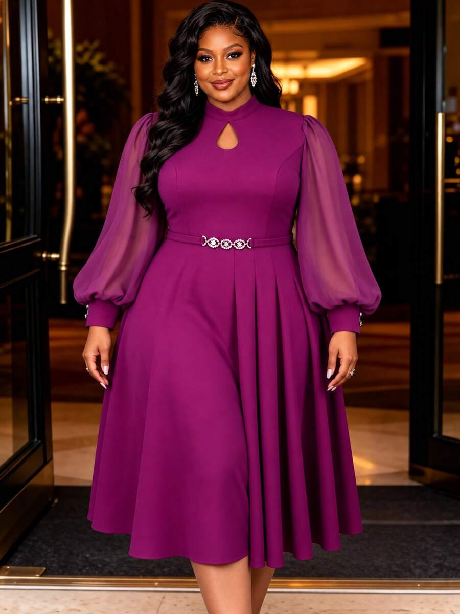 Plus Size Women's Elegant Hollow Fake Collar Chiffon Tulle Lantern Long Sleeve Button A-Line Dress, Suitable For Weddings, Evening Parties
