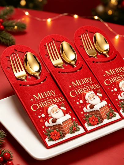 10pcs Christmas Cutlery Storage Bag, Santa Claus Pattern, Christmas Cutlery Decoration Bag, Christmas Table Decoration, Holiday Party Decorations, Christmas Table Decorations, Suitable For Hotel And Restaurant Table Decorations, And Christmas Gifts.