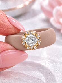 1PC Women's Elegant Round Cubic Zirconia Cut Zirconia Silicone Ring, Non-Fading Waterproof Washable Hypoallergenic, Suitable For Women To Wear, Perfect For Wedding Anniversary Daily Outfit Sports Yoga Valentine's Day Ideal Gift, Best Alternative To Metal Rings - White Round Zirconia Silicone - Gold - View 17