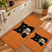 2D Coffee Drinking Cat Pattern Printed Long Runner Mat, Indoor Entrance Rug, Bedroom Bedside Mat, Kitchen Runner Mat, Suitable For Living Room, Laundry Room, Bathroom - Multicolor - View 2