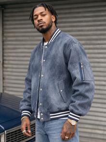 BLACKTOEXIT Men's Round Neck Denim Jacket, Casual Commute Versatile Pocket Baseball Jacket, Autumn/Winter - Baby Blue - View 3