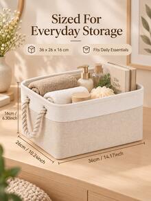Minimalist Farmhouse Style Linen Blend Rectangular Storage Basket, Foldable Fabric Storage Bin With Thickened Cotton Rope Handles, Large Capacity, Suitable For Bedroom Closet, Shelf, Cabinet, Living Room, Home Organization And Storage - Multicolor - View 5