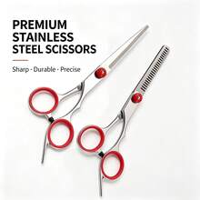Professional Hair Cutting Scissors, Stainless Steel Hair Shears With Thinning Scissors, Ergonomic Red Handle Design, Precise Hair Styling Tool, Suitable For Salon Styling And Home Haircutting - Red - View 2