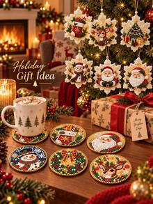 6pcs Christmas Bling Rhinestone Coaster 1 Piece, Santa Snowman Reindeer 2-In-1 Table Coaster & Tree Hanging Ornament, Fall Table Decor, Great Thanksgiving Christmas Holiday Gift, Sparkly Home Table Accessory - Multicolor - View 7