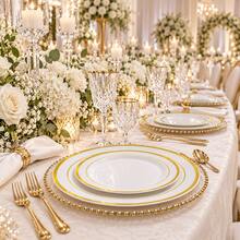 50/25/20/10pcs Premium White Double Gold Rim Dessert Plate Set, 10.25 Inch And 7.5 Inch Elegant Dinner Plates With Gold Border, Suitable For Weddings, Birthdays, Picnics, Barbecues, Parties, Halloween, Christmas And Other Occasions - White - View 5