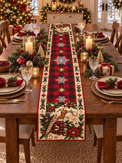 1pc Reindeer Sleigh Christmas Table Runner, Buffalo Plaid Snowflake Red Holly Berry Pattern, Linen Texture Christmas Table Decor, Rustic Farmhouse Style Holiday Table Setting, Suitable For Christmas Party, Kitchen, Home, Winter Decoration, Holiday Gift