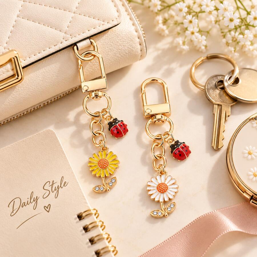 1pc Cute Ladybug Daisy Keychain, Floral Bag Charm, Rotating Buckle Design, Suitable For Handbags, Backpacks Pendant Decoration, Yellow/White Flowers, Christmas Holiday Gift - Quantity - View 1
