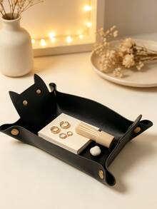 1pc Cat Shaped Storage Tray, Minimalist Faux Leather Foldable Decorative Tray With Metal Button Details, Desktop Catchall Organizer For Entryway Bedroom Daily Use - Multicolor - View 7