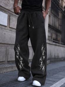 FRACTYR Men's Dark Street Style Wide Leg Sweatpants, Dual Side Totem Pattern Elastic Drawstring Draped Loose Fit Printed Long Pants - Black - View 1