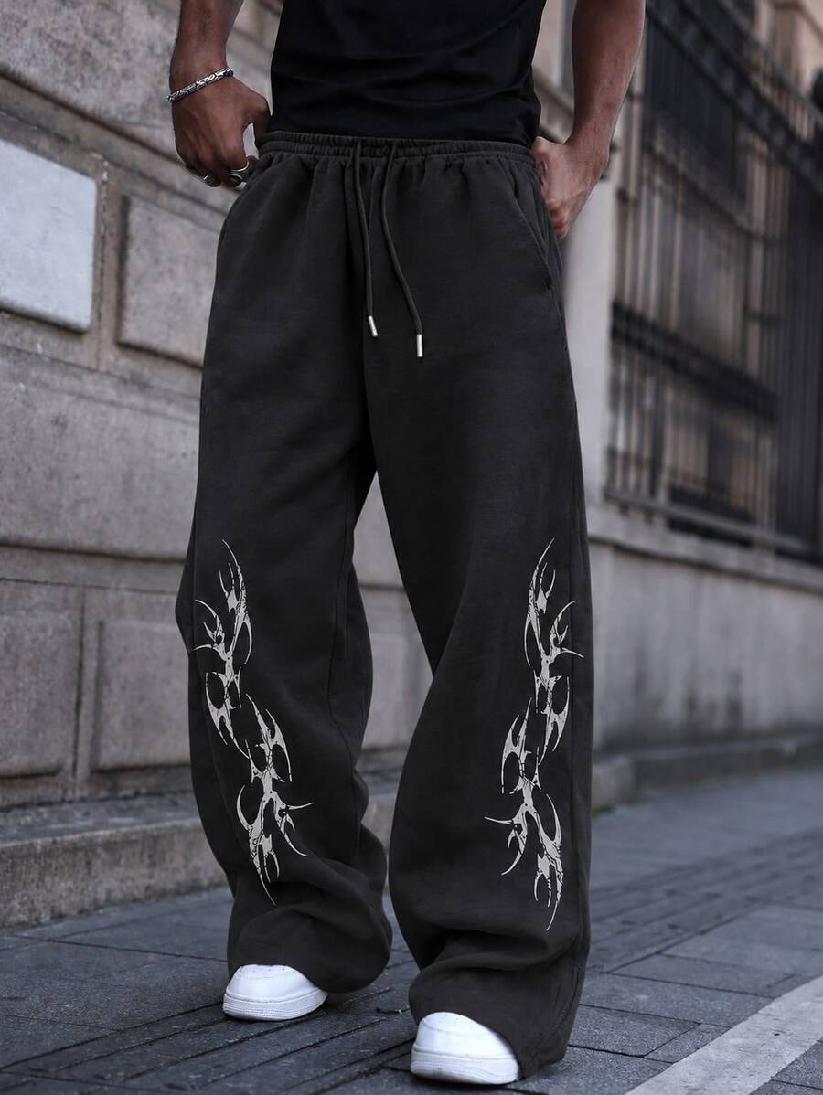 FRACTYR Men's Dark Street Style Wide Leg Sweatpants, Dual Side Totem Pattern Elastic Drawstring Draped Loose Fit Printed Long Pants - Black - View 1