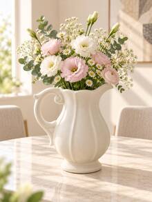 1pc White Ceramic Water Pitcher Vase With Handle And Wavy Spout, Textured Pottery Decorative Flower Vase, Vintage Farmhouse Style Home Decor, Suitable For Living Room, Entryway, Shelf, Mantel, Dining Table Centerpiece, Wedding And Housewarming Gift - Kettle Vase - View 4