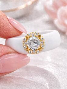 1PC Women's Elegant Round Cubic Zirconia Cut Zirconia Silicone Ring, Non-Fading Waterproof Washable Hypoallergenic, Suitable For Women To Wear, Perfect For Wedding Anniversary Daily Outfit Sports Yoga Valentine's Day Ideal Gift, Best Alternative To Metal Rings - White Round Zirconia Silicone - Gold - View 12