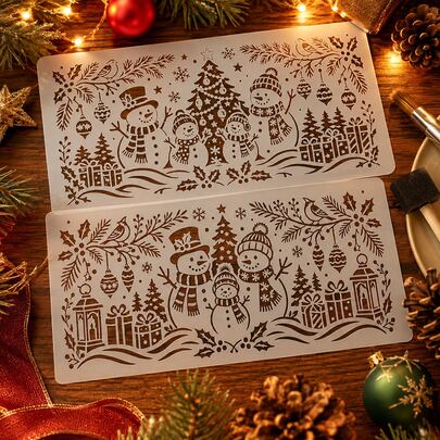 2Pcs Christmas Stencil, Reusable Snowman Family Hollow Painting Templates, Plastic Xmas Tree Gift Bird Holly Pine Branch Lantern Pattern Winter Holiday DIY Art Craft Stencil For Wall Decor Fabric Greeting Cards Xmas Farmhouse Home Decor Projects