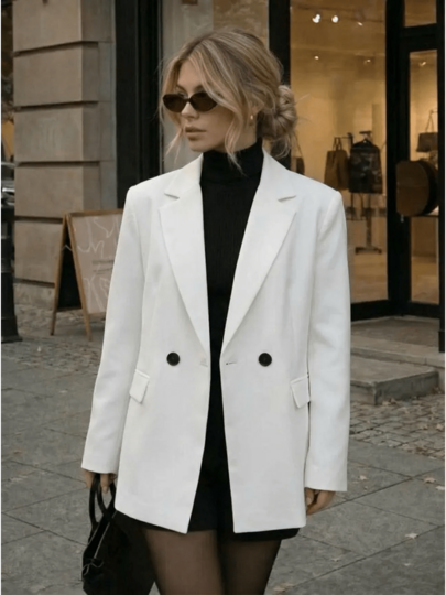 Women's Fashion White Double-Breasted Long Sleeve Regular Fit Polyester Blazer Jacket With Pockets, Autumn Style
