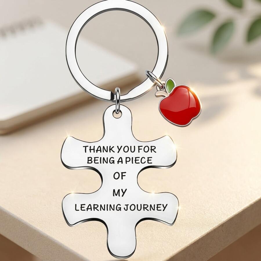 Zinc Alloy Puzzle Keychain With Red Apple Pendant, Thank You Teacher Back To School Gift Charm - Multicolor - View 1