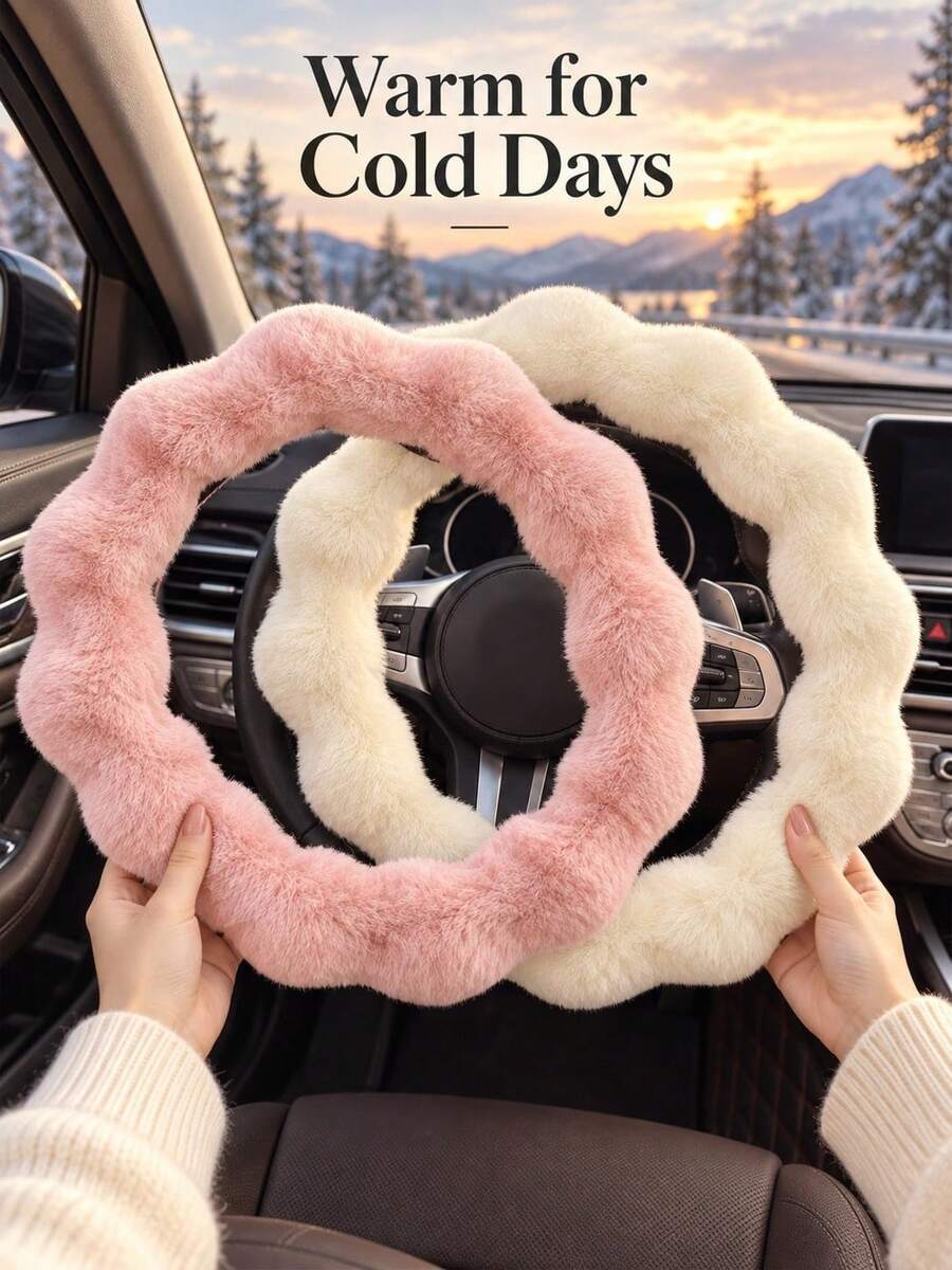 Wavy Faux Fur Car Steering Wheel Cover 38cm Universal Soft Fluffy Warm Plush Steering Wheel Protector Non-Slip Cute Wavy Car Interior Decoration Accessory Suitable For Women In Winter - A - View 1