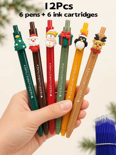 Set 12 Pulpen Bertema Natal + Isi Ulang (Termasuk 6 Pulpen + 6 Isi Ulang), Cocok untuk Menulis Sehari-hari, Membuat Jurnal, Pekerjaan Kantor bagi Siswa, Juga Dapat Diberikan Sebagai Hadiah Natal atau Cenderamata Pesta untuk Anak-Anak