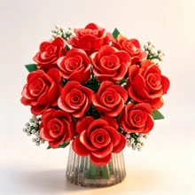 16pcs Red Rose Bouquet Building Blocks Set, DIY Assembly Realistic Flower Bricks Desktop Home Decor Gift - Multicolor - View 6