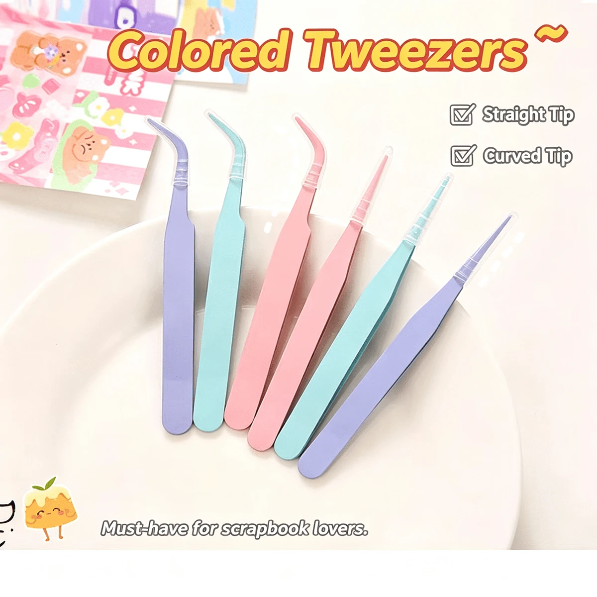 2/3/6 Sets Straight + Curved Macaron Color Stainless Steel Tweezers Set, Precision Straight Head & Curved Head Dual-Use False Eyelash Tweezers With Transparent Plastic Protective Cover, Easy To Carry. Matte Anti-Slip Spray Coating Process, Complete Tweezers Tip Without Slipping, Firm Grip Without Slipping, Pointed Tip Resistant To Deformation. Suitable For False Eyelash Application, Nail Art Rhinestone Application, Scrapbook Stickers, DIY, Handmade Collage, Perler Beads And More. Sturdy And Durable, Portable Makeup Accessory Tool, Multiple Colors Available, Meets Daily Makeup And Handmade Creation Needs, Beginners Can Easily Use. - Straight and Curved Tweezers Set - View 1
