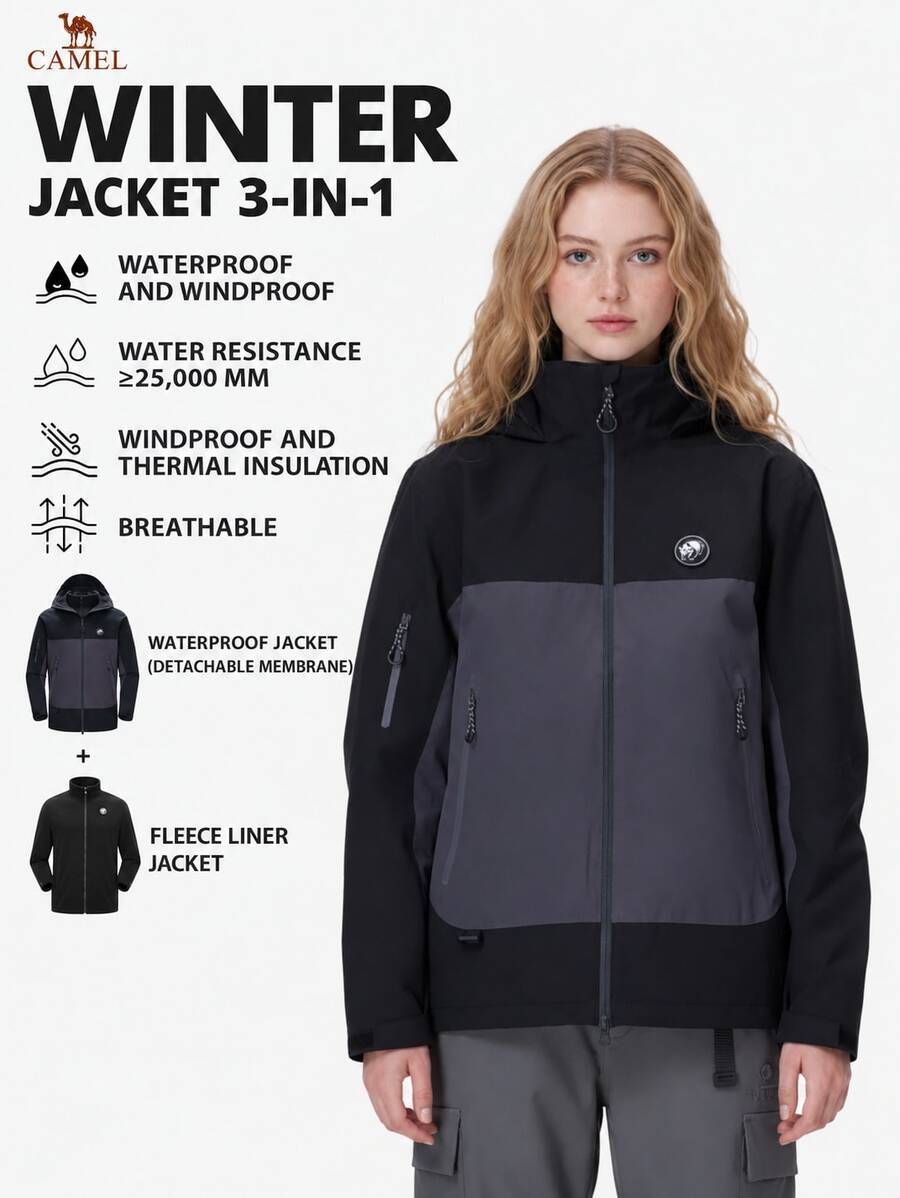 CAMEL CROWN Women's Waterproof Warm Winter Fleece Lined Hooded Snowboard Jacket - Phantom Black/Ink Gray - View 1