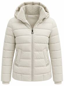 Women's Textured Collar Zip Up Hooded Quilted Padded Jacket With Flap Pockets - White - View 7