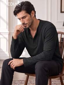 1pc T-Shirt, Solid Color Henley Collar Three-Button Design Loose Fit Long Sleeve Top, Faux Linen Textured Fabric, Skin-Friendly Soft Anti-Deformation, Elegant Slouchy Old Money Style, Suitable For Daily Commute And Friend Gatherings, Machine Washable And Dry Cleanable - Black - View 4
