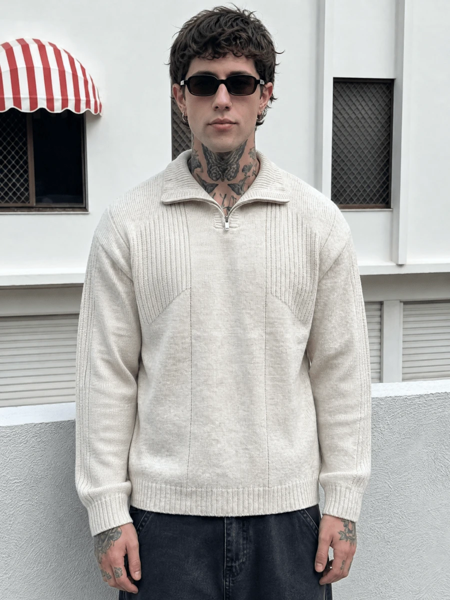 Men's Solid Color Loose Knit Pullover Sweater, Korean Style Casual Commuter Wear, Textured Neutral Design, Long Sleeve Half-Zip Cardigan, Autumn/Winter - Apricot - View 1