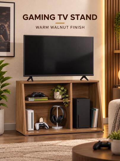 Warm Walnut Gaming TV Stand For TVs Up To 32 Inch, Compact Wood Media Console With Adjustable Open Storage Shelf And Cable Management, Entertainment Center For Bedroom, Dorm, Apartment And Living Room