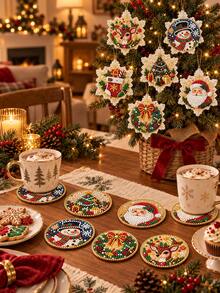6pcs Christmas Bling Rhinestone Coaster 1 Piece, Santa Snowman Reindeer 2-In-1 Table Coaster & Tree Hanging Ornament, Fall Table Decor, Great Thanksgiving Christmas Holiday Gift, Sparkly Home Table Accessory - Multicolor - View 2